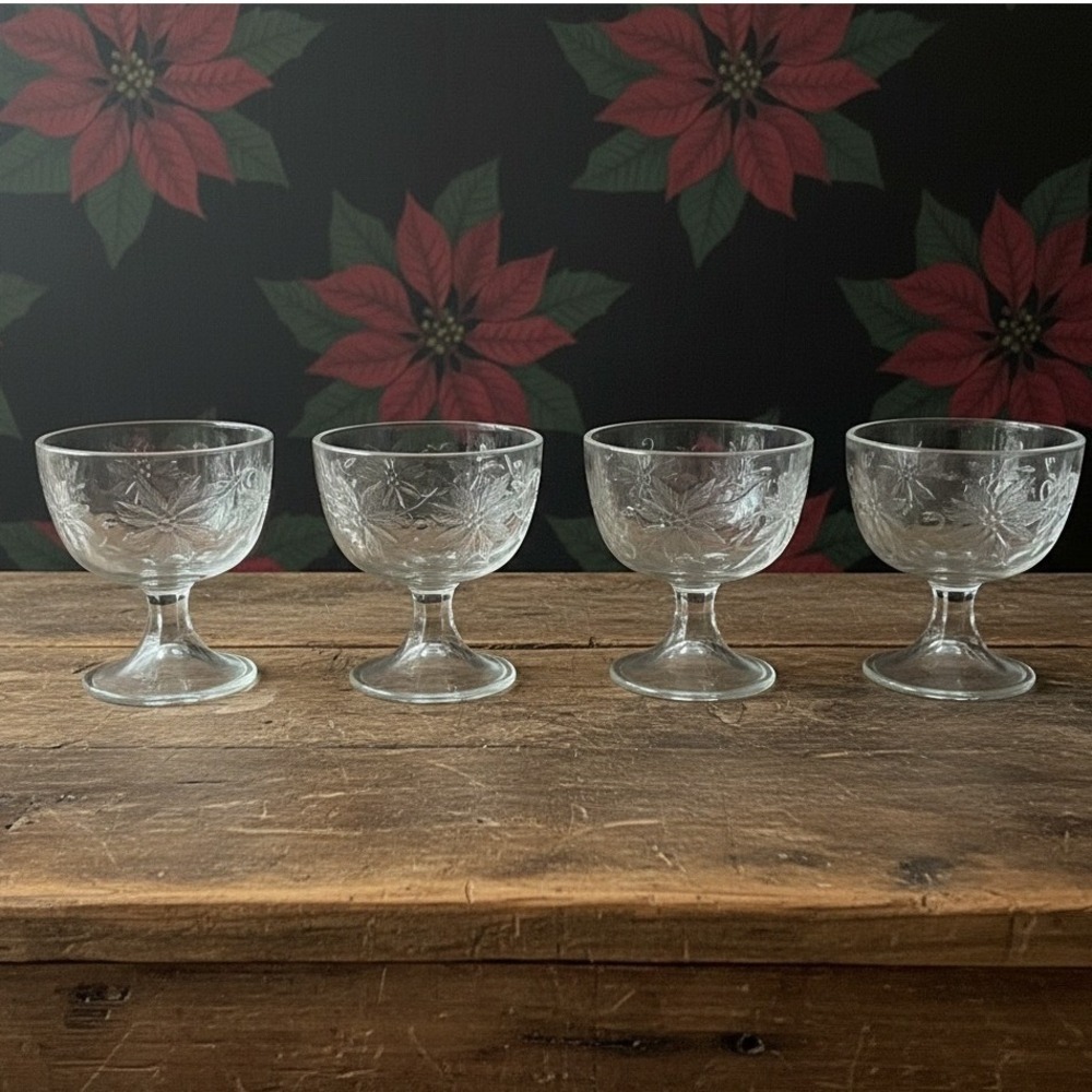 Princess House Fantasia Footed Sherbet Cups, Set of 4, Clear Floral Dessert Bowl